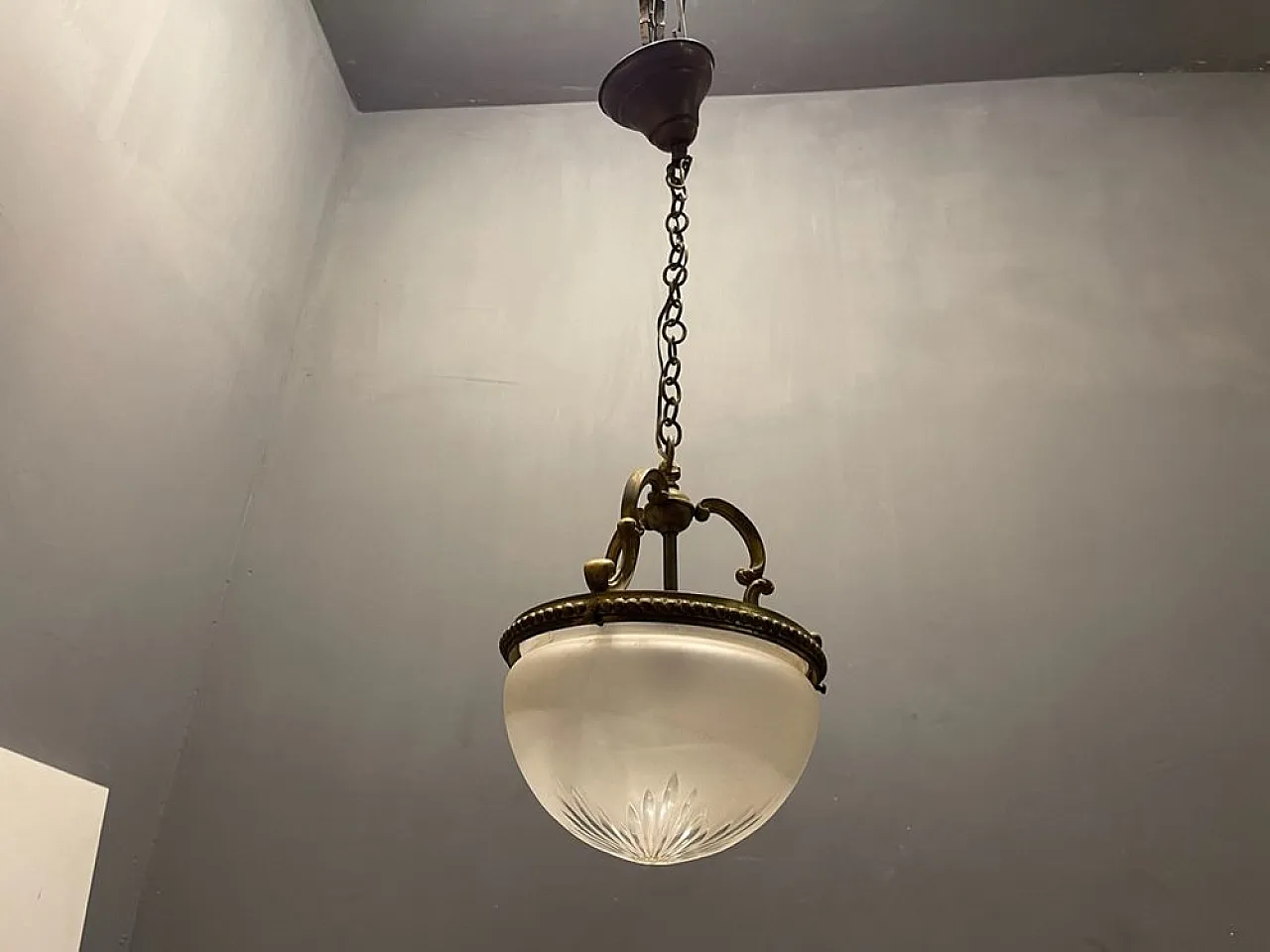 Bronze and glass pendant lamp, 1950s 4