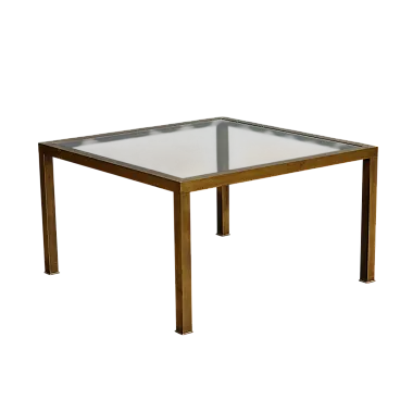 Tavolino con struttura in ottone e piano quadrato in vetro, '900