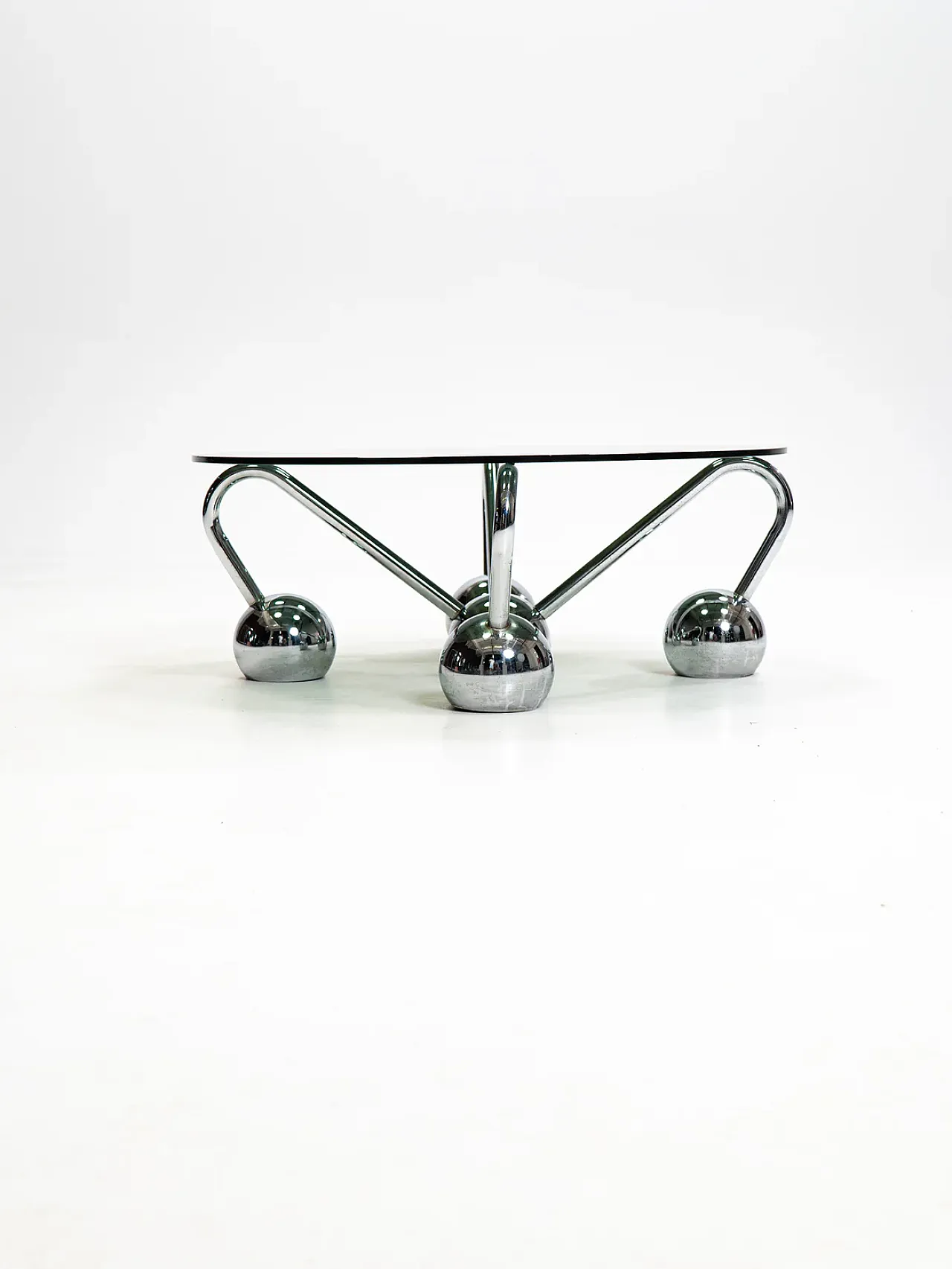 Tavolino Sputnik in metallo cromato e vetro fumé, anni '70 3