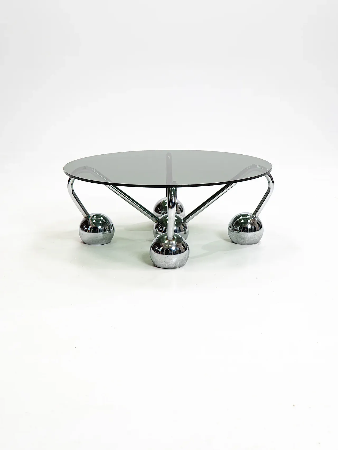 Tavolino Sputnik in metallo cromato e vetro fumé, anni '70 4