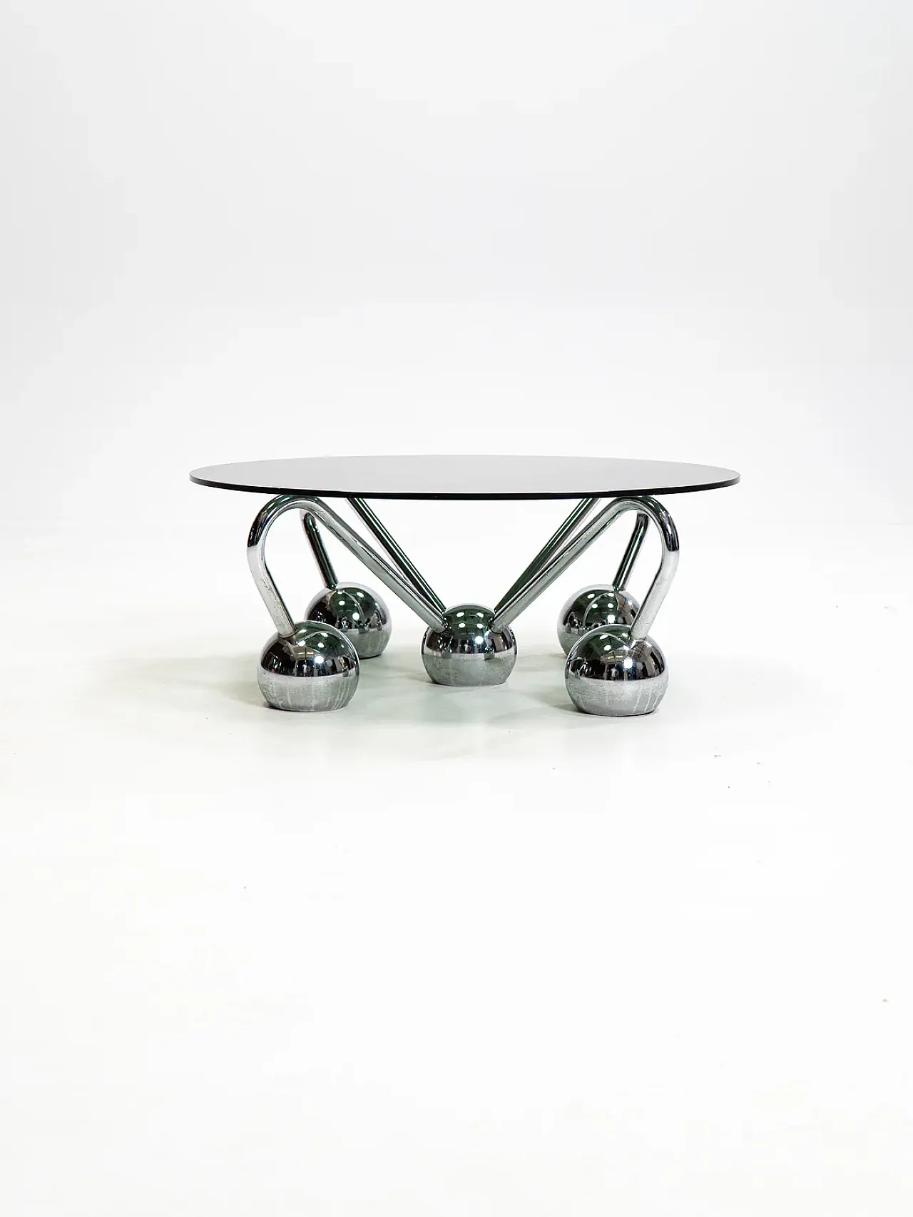 Tavolino Sputnik in metallo cromato e vetro fumé, anni '70 5