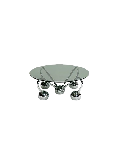 Tavolino Sputnik in metallo cromato e vetro fumé, anni '70