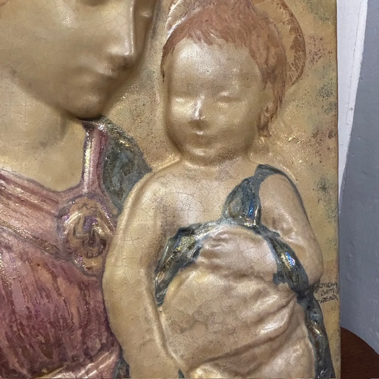Gold luster majolica plaque, Virgin with Child, mid-20th century 8
