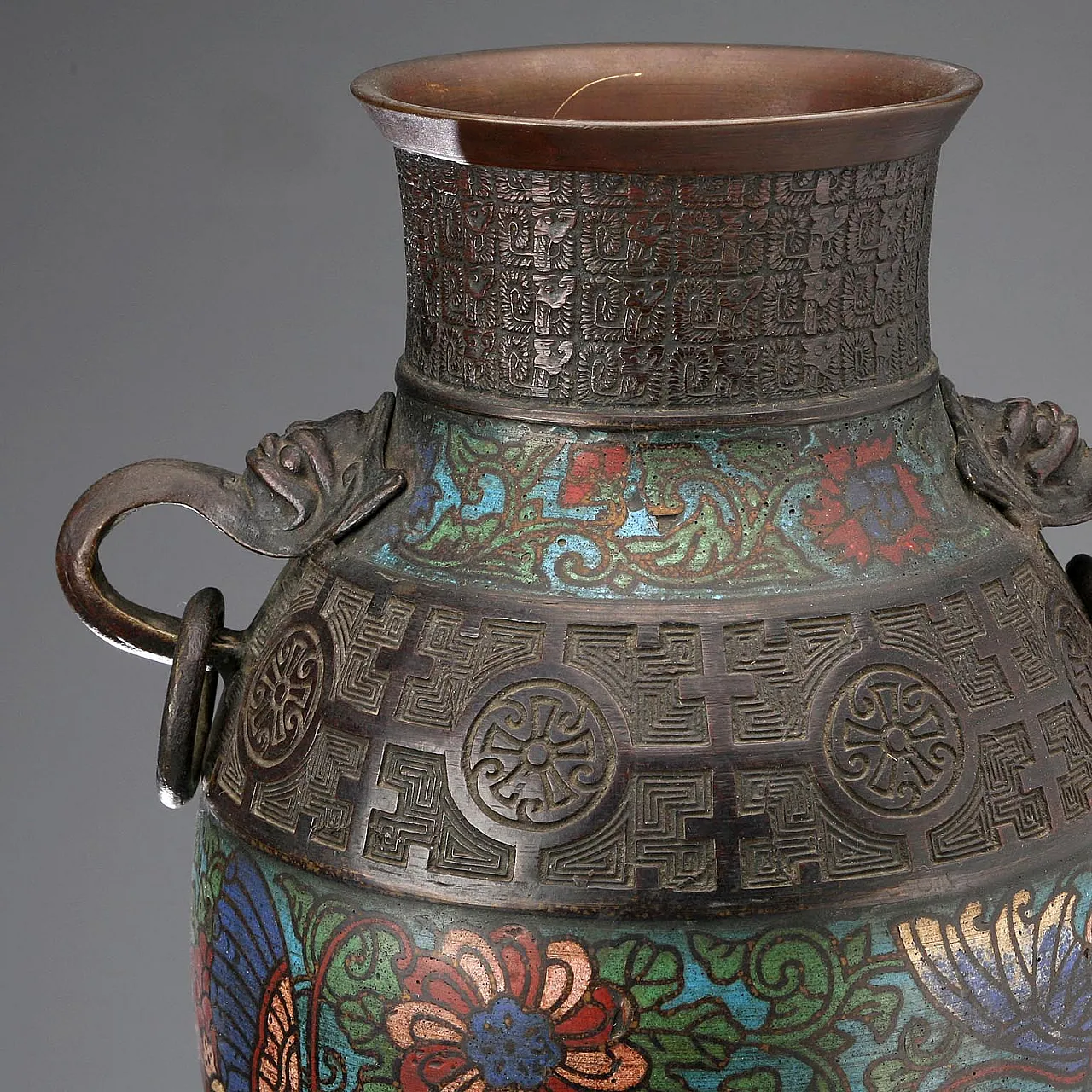 Vaso in bronzo e smalti policromi, '900 4