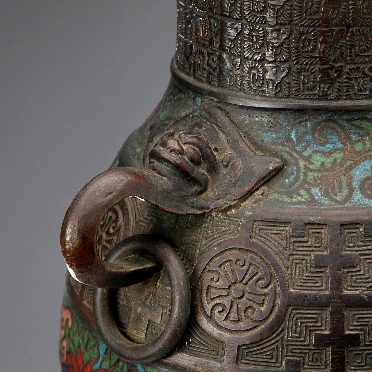 Vaso in bronzo e smalti policromi, '900 7