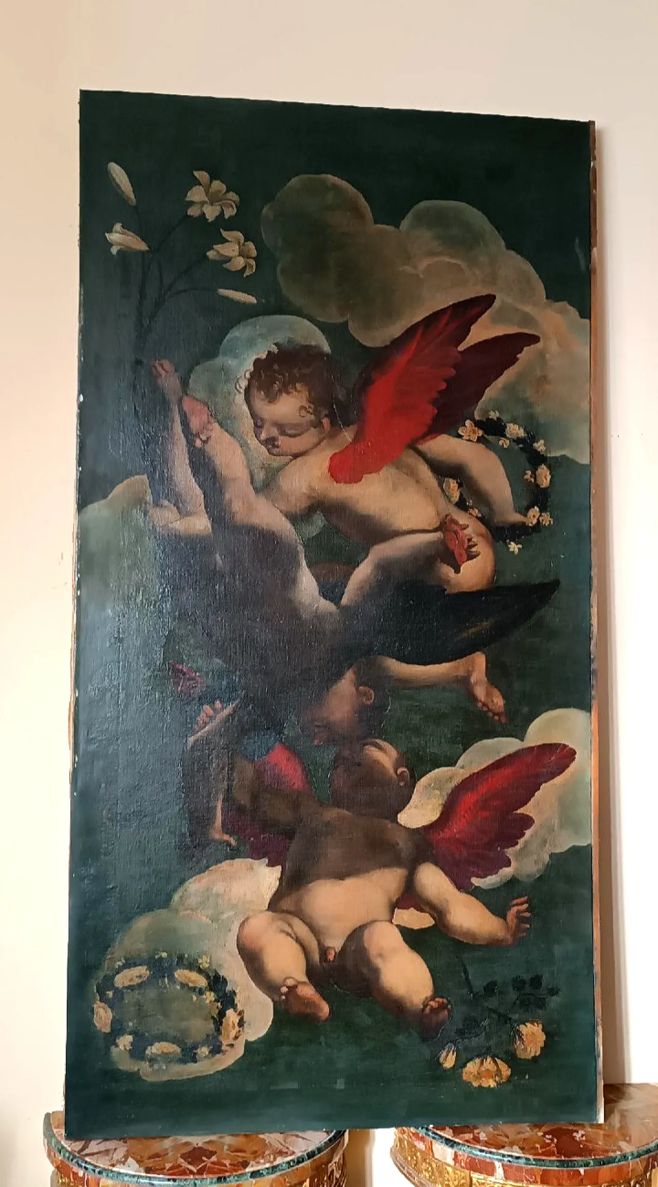 Raffigurazione di angeli, olio su tela, scuola italiana del XVII secolo 1