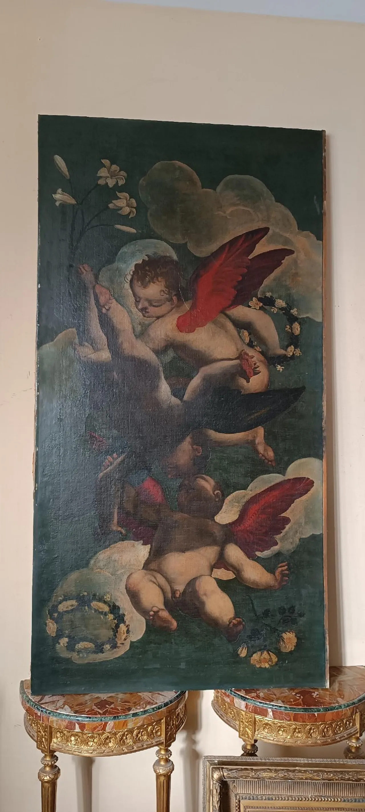Raffigurazione di angeli, olio su tela, scuola italiana del XVII secolo 2