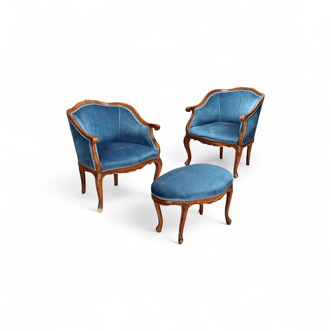 Coppia di poltrone in noce con pouf, fine '800 11