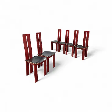 6 Sedie in legno laccato nero e sedili in pelle, '900