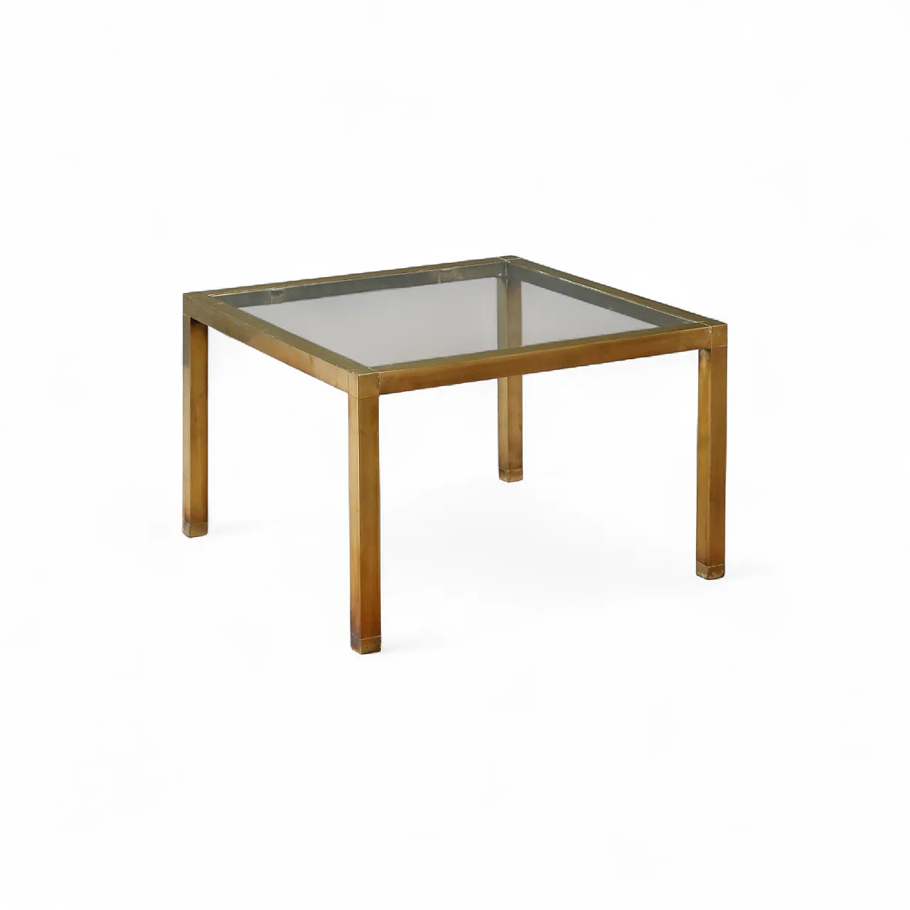 Tavolino con struttura in ottone e piano quadrato in vetro, '900 9