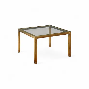 Tavolino con struttura in ottone e piano quadrato in vetro, '900