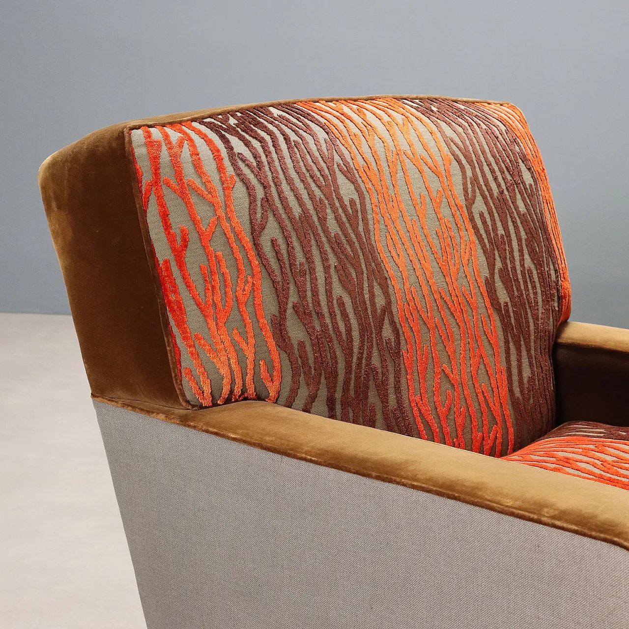 Coppia di poltrone con pouf in faggio e velluto, '900 5