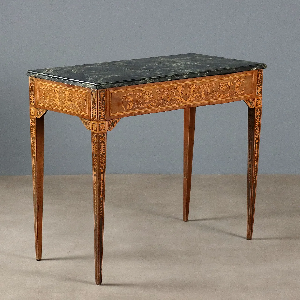 Neoclassical consolle in walnut, maple and marble, 18th century 1
