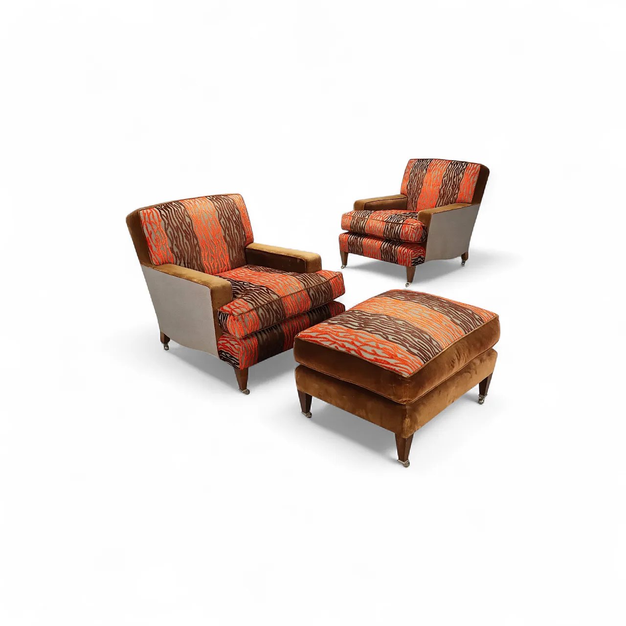 Coppia di poltrone con pouf in faggio e velluto, '900 11