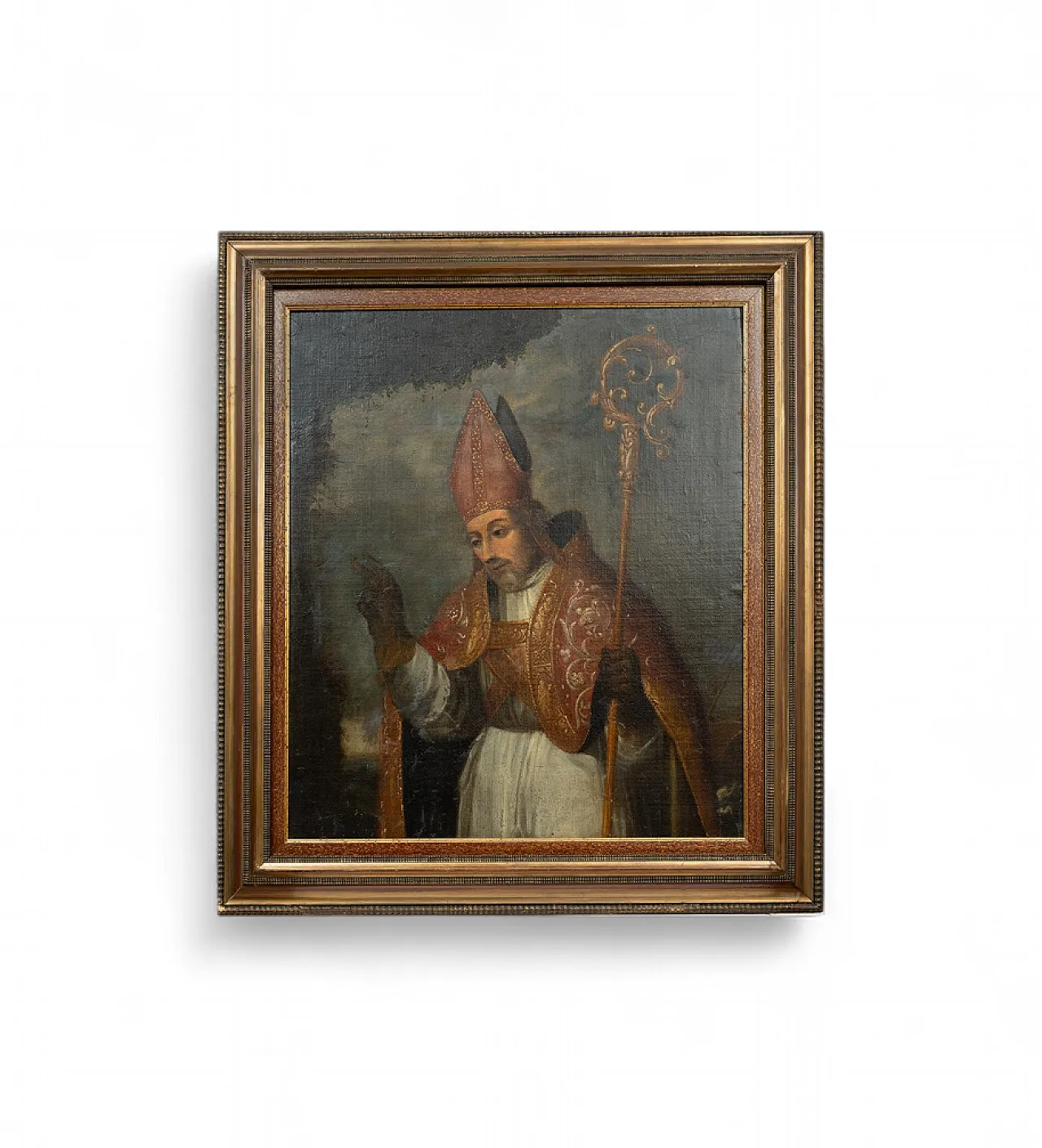 Dipinto olio su tela raffigurante busto di vescovo, '700 5