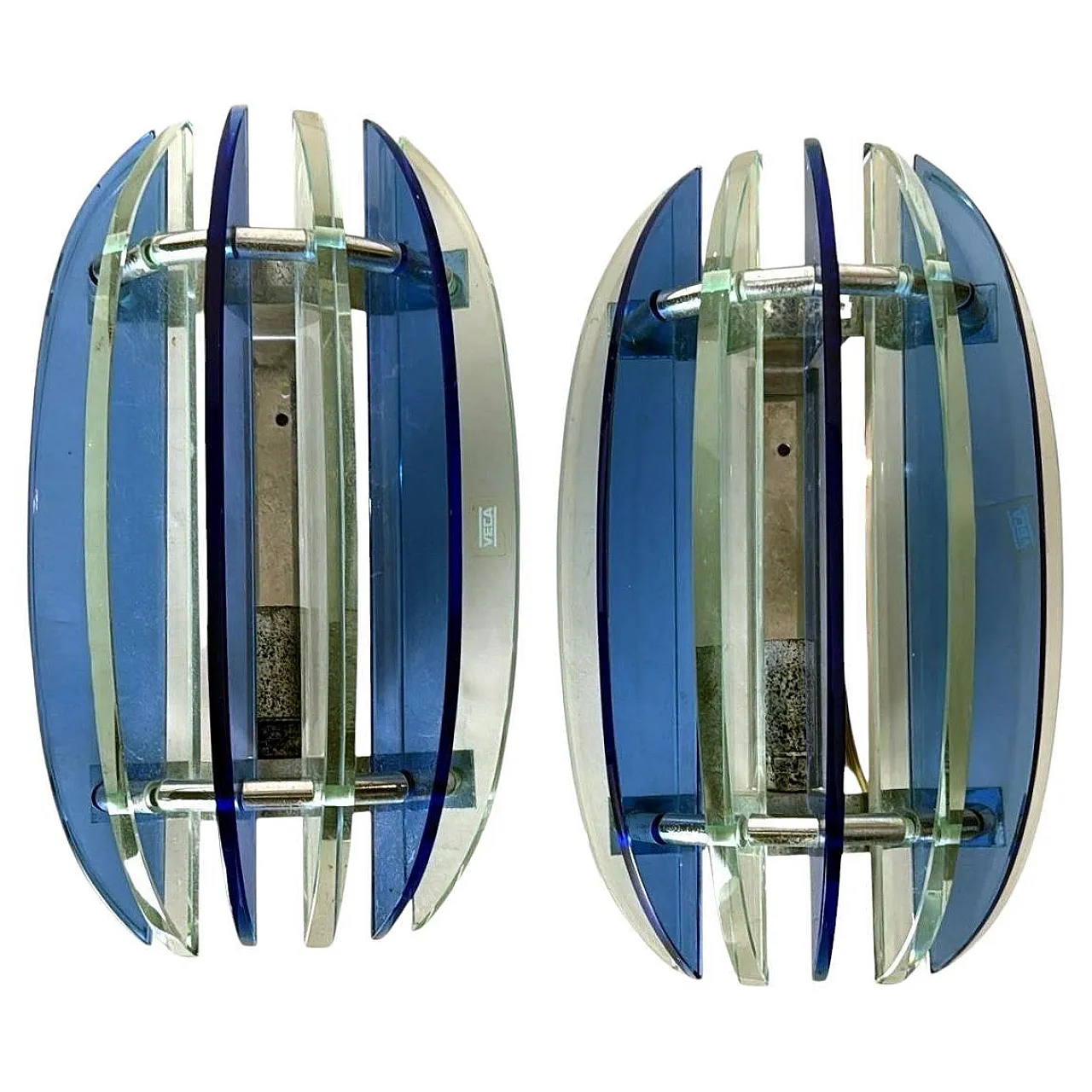 Pair of wall lamps in steel and crystal by Veca for Fontana Arte, 1970 1