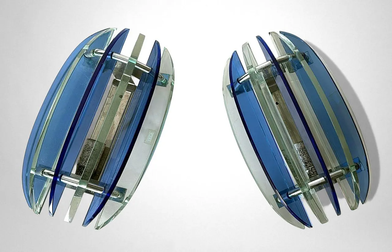 Pair of wall lamps in steel and crystal by Veca for Fontana Arte, 1970 5