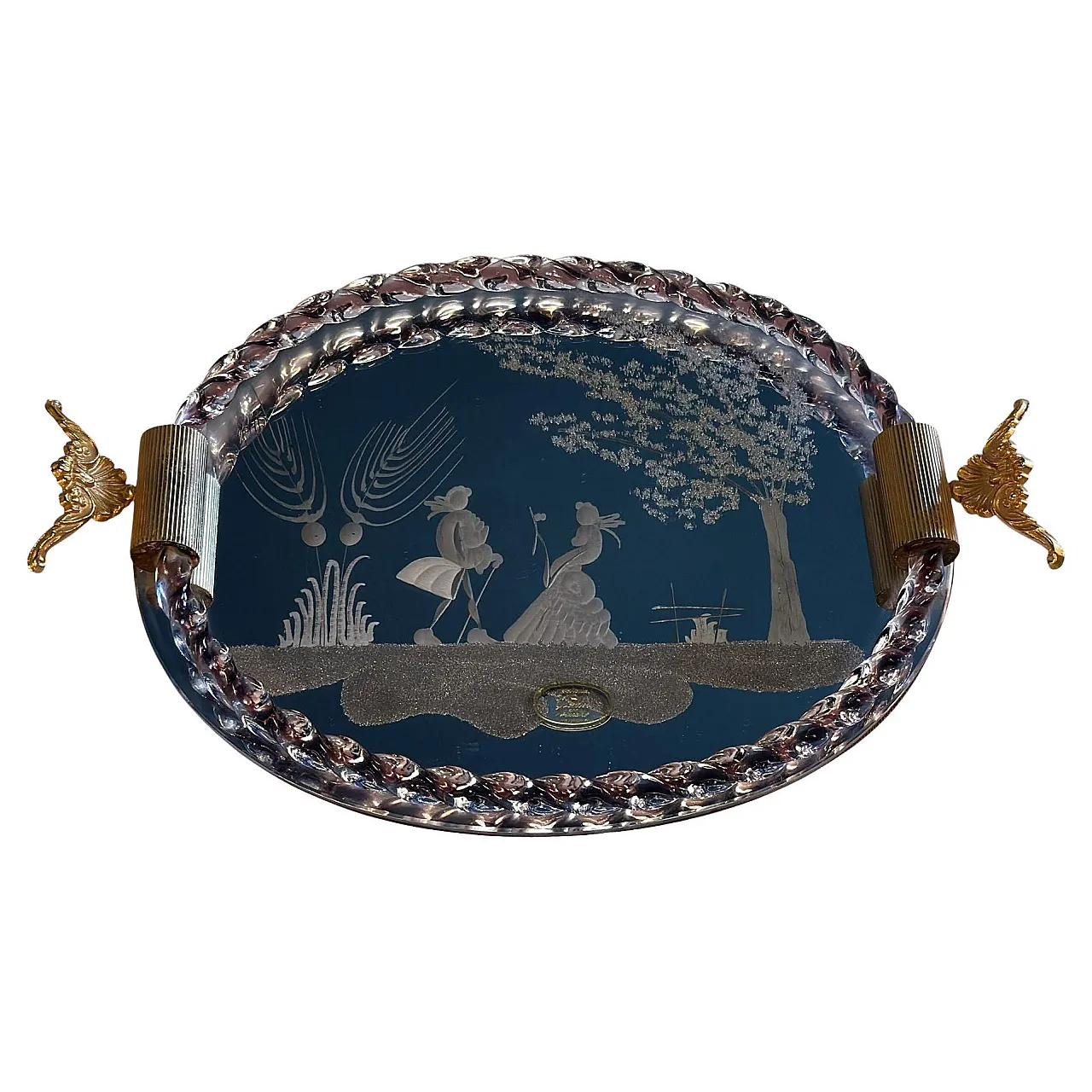 Murano Venier glassworks hand-engraved mirrored tray, 20th century 1