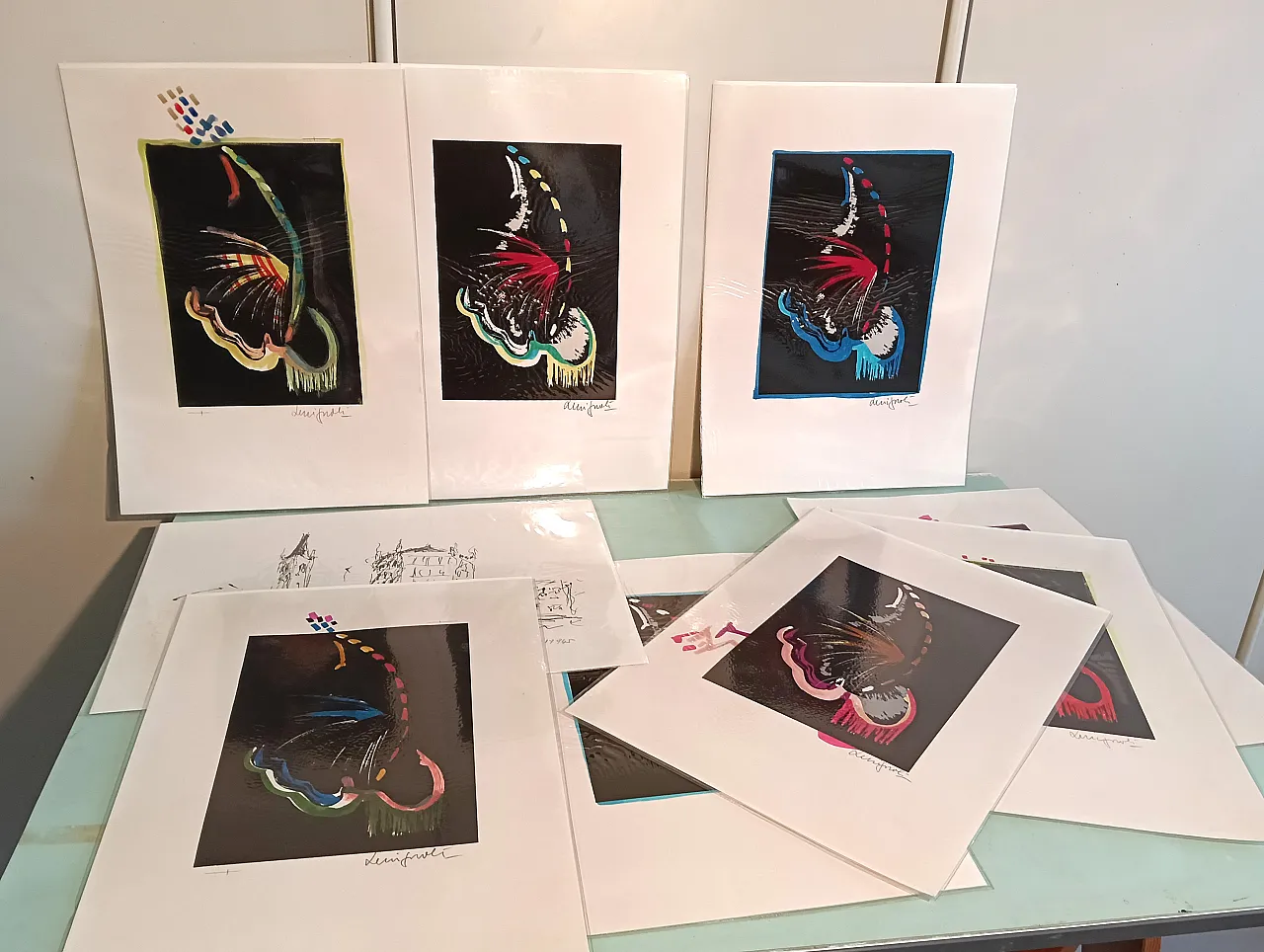 Lot of lithographs with manual intervention, 70s 1