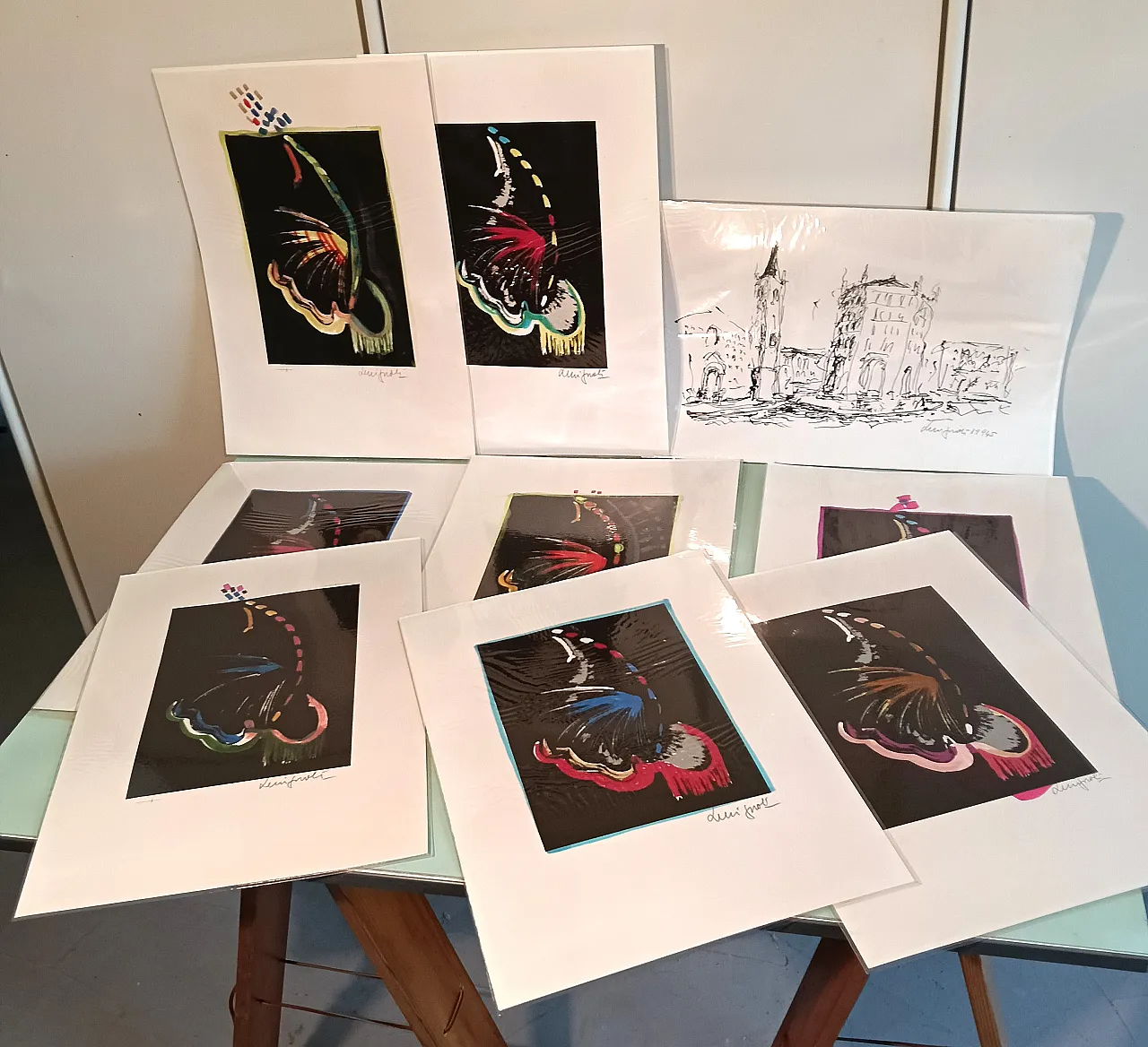 Lot of lithographs with manual intervention, 70s 2