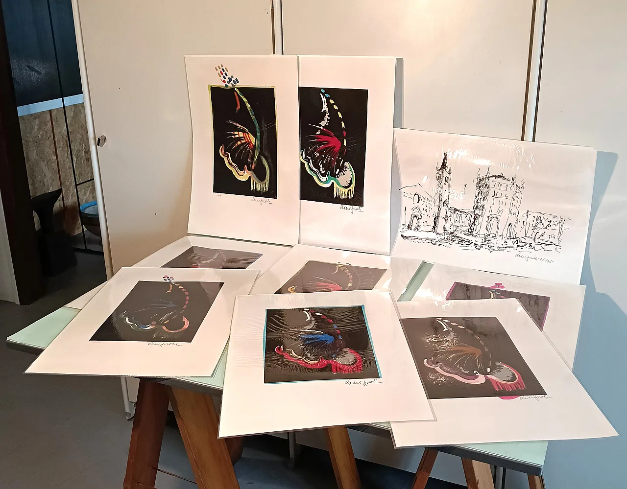 Lot of lithographs with manual intervention, 70s 8