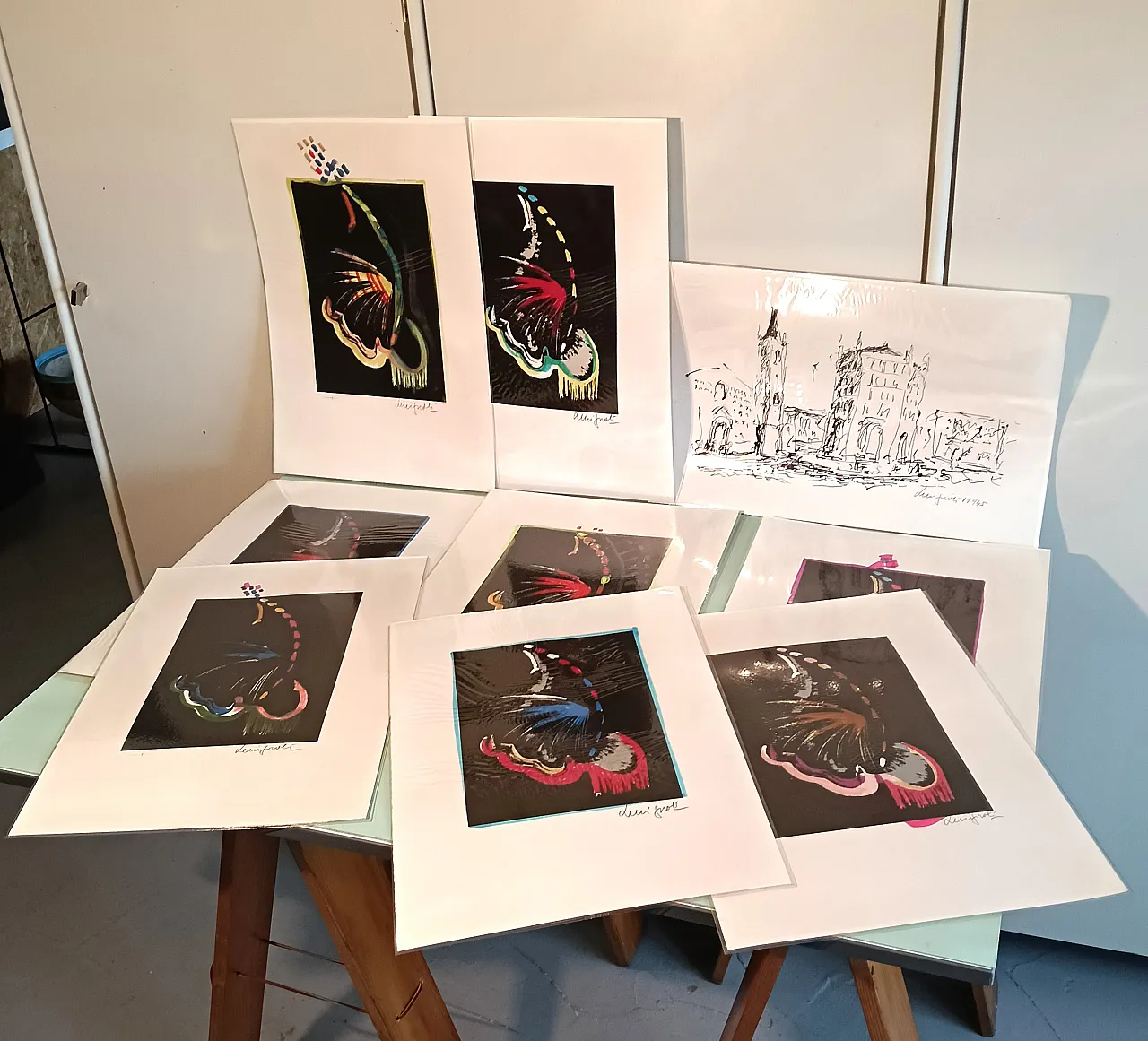 Lot of lithographs with manual intervention, 70s 9