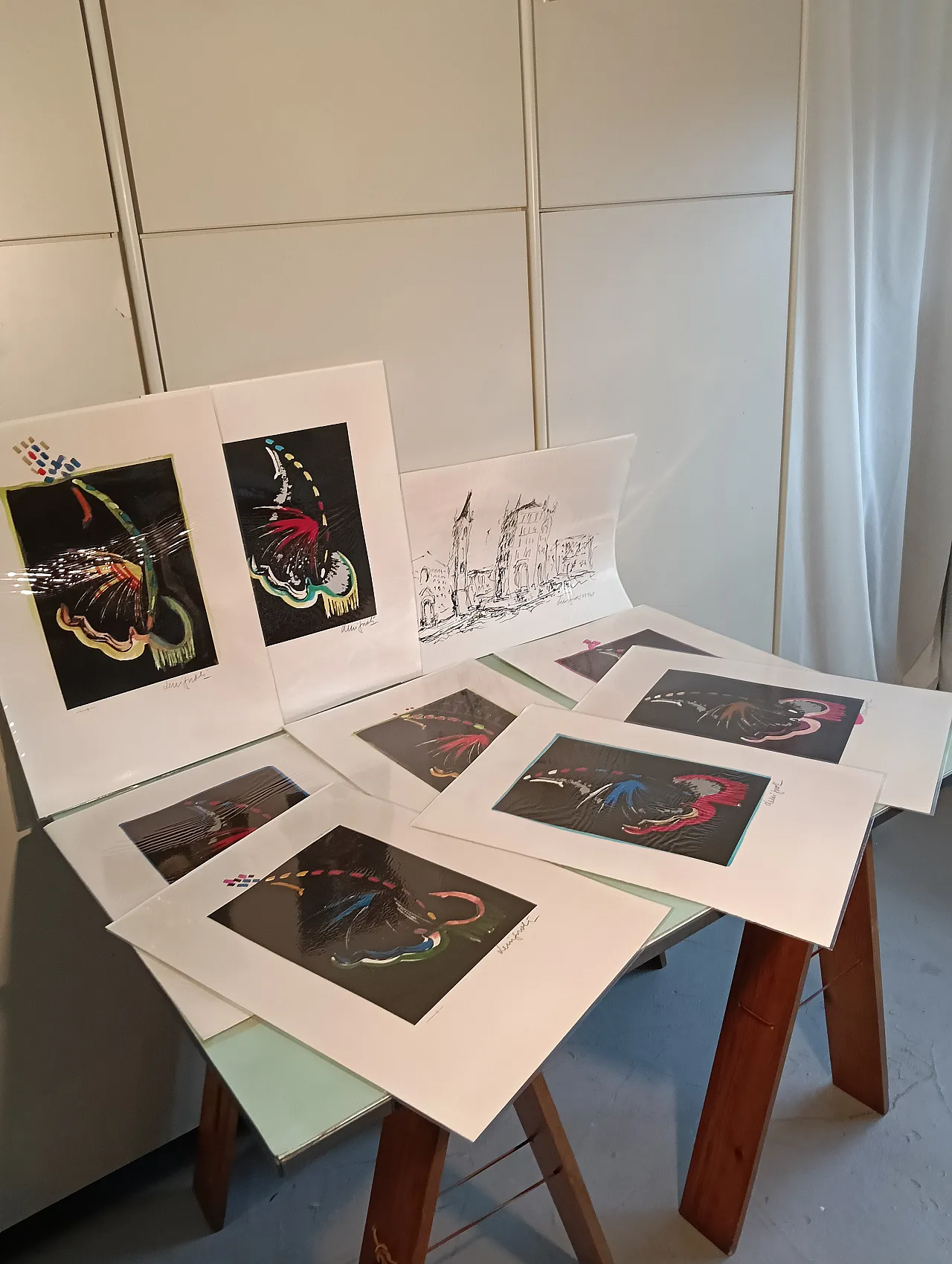 Lot of lithographs with manual intervention, 70s 10