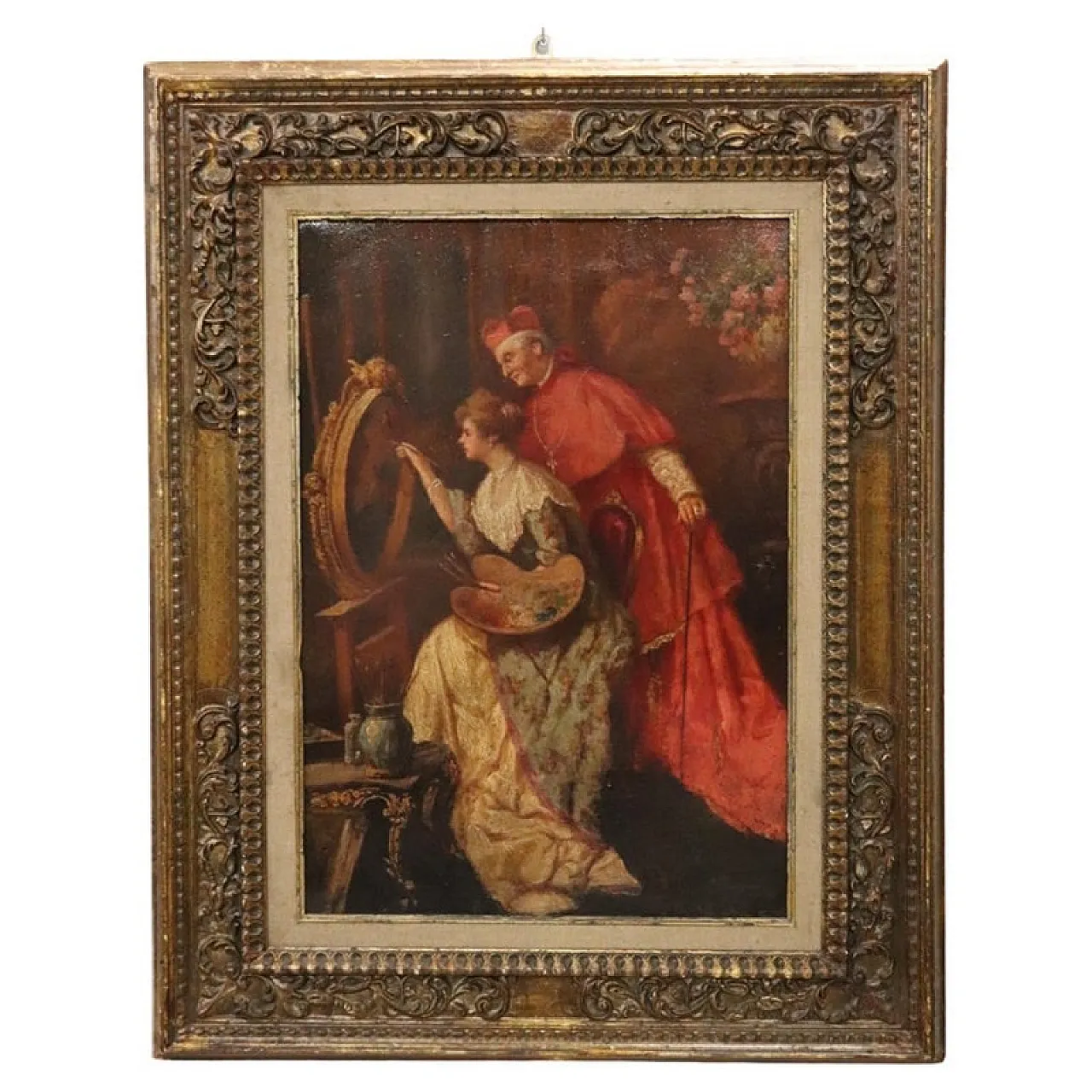 Olio su cartone, Giovane pittrice con cardinale, '800 1