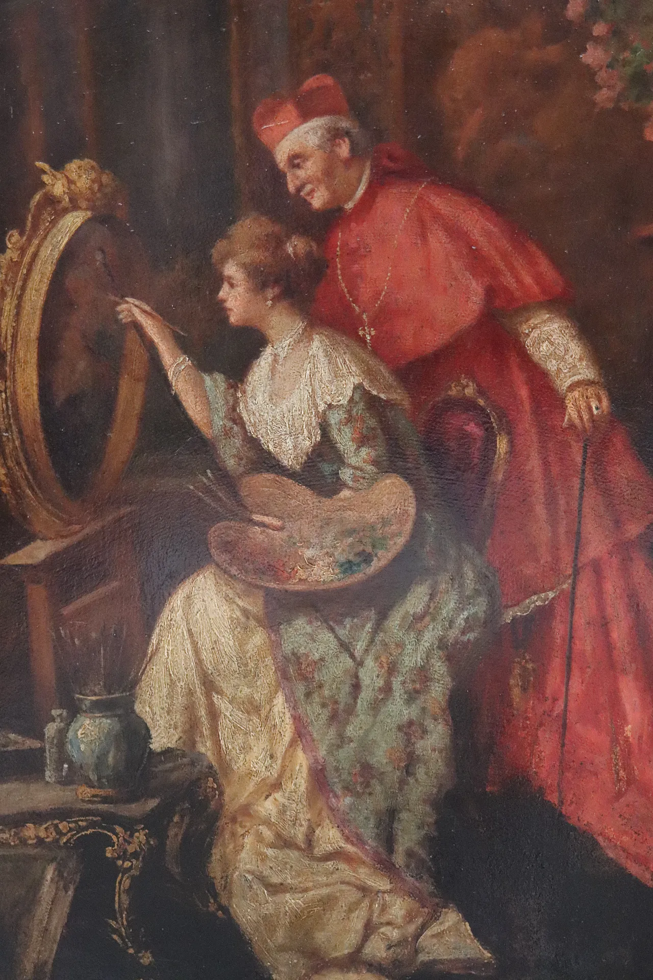 Olio su cartone, Giovane pittrice con cardinale, '800 2