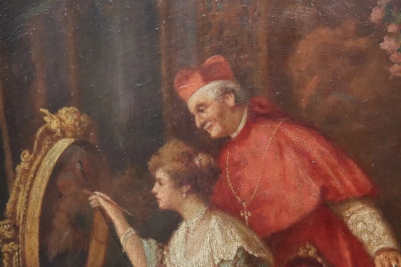 Olio su cartone, Giovane pittrice con cardinale, '800 3