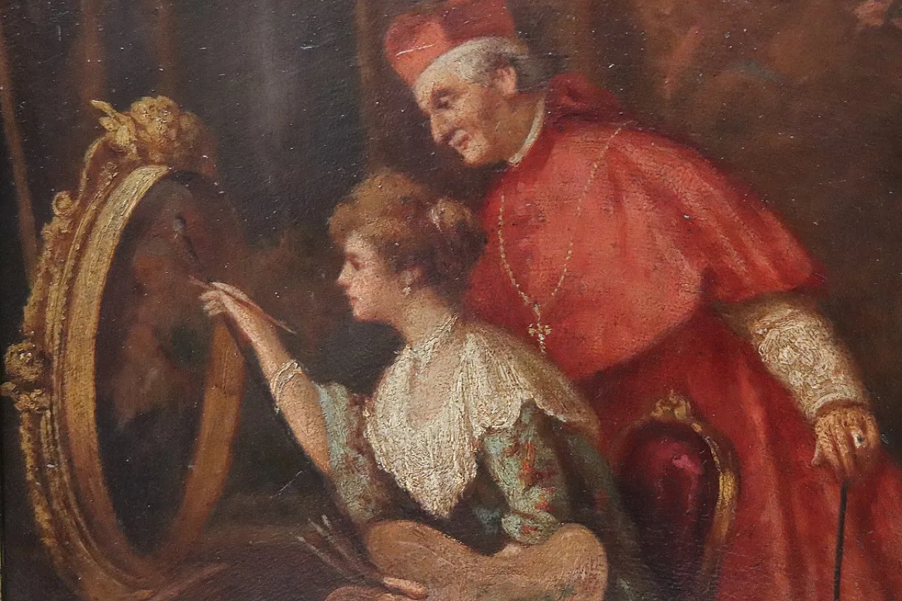 Olio su cartone, Giovane pittrice con cardinale, '800 4