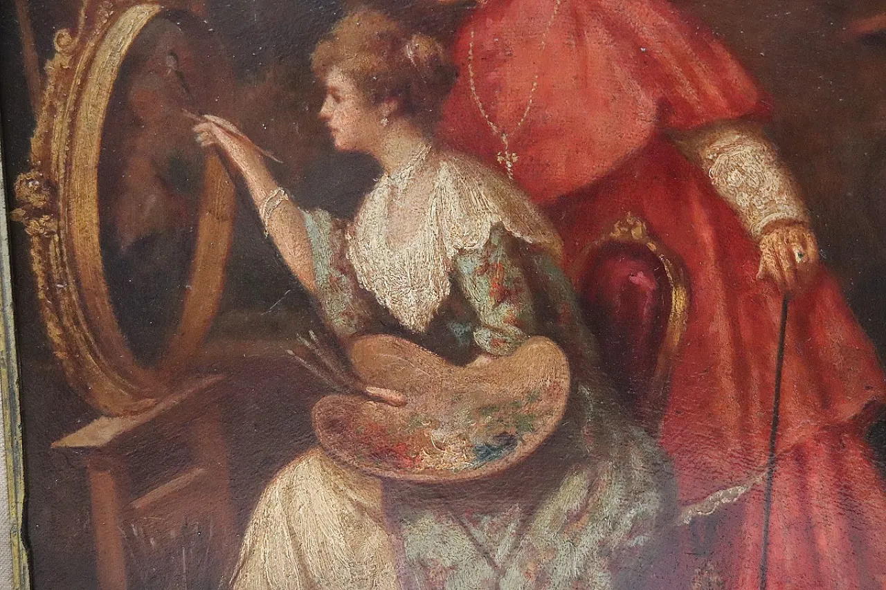 Olio su cartone, Giovane pittrice con cardinale, '800 5