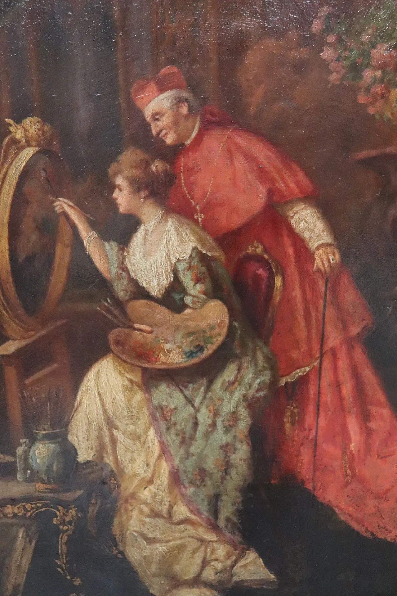 Olio su cartone, Giovane pittrice con cardinale, '800 7
