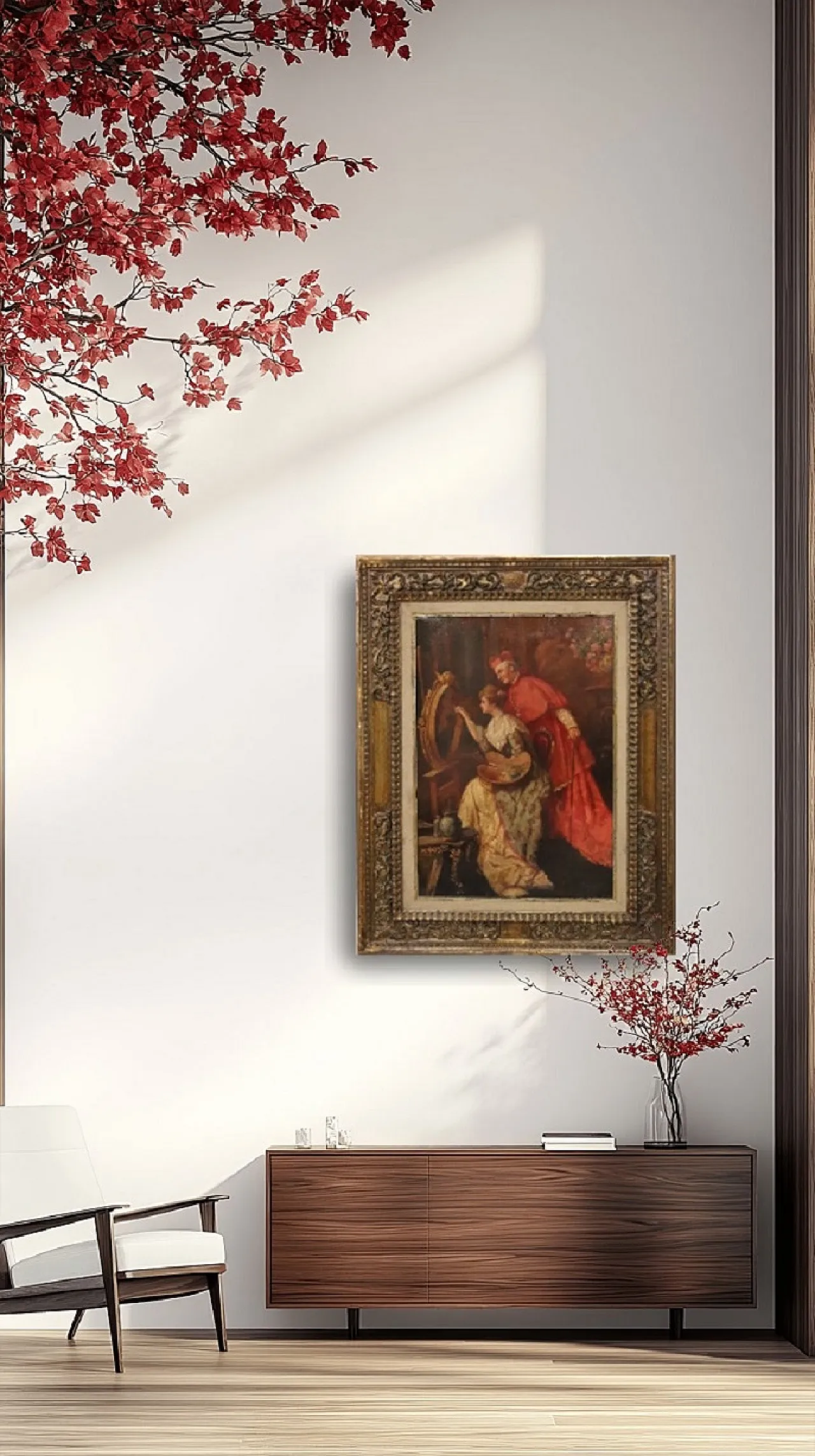 Olio su cartone, Giovane pittrice con cardinale, '800 16