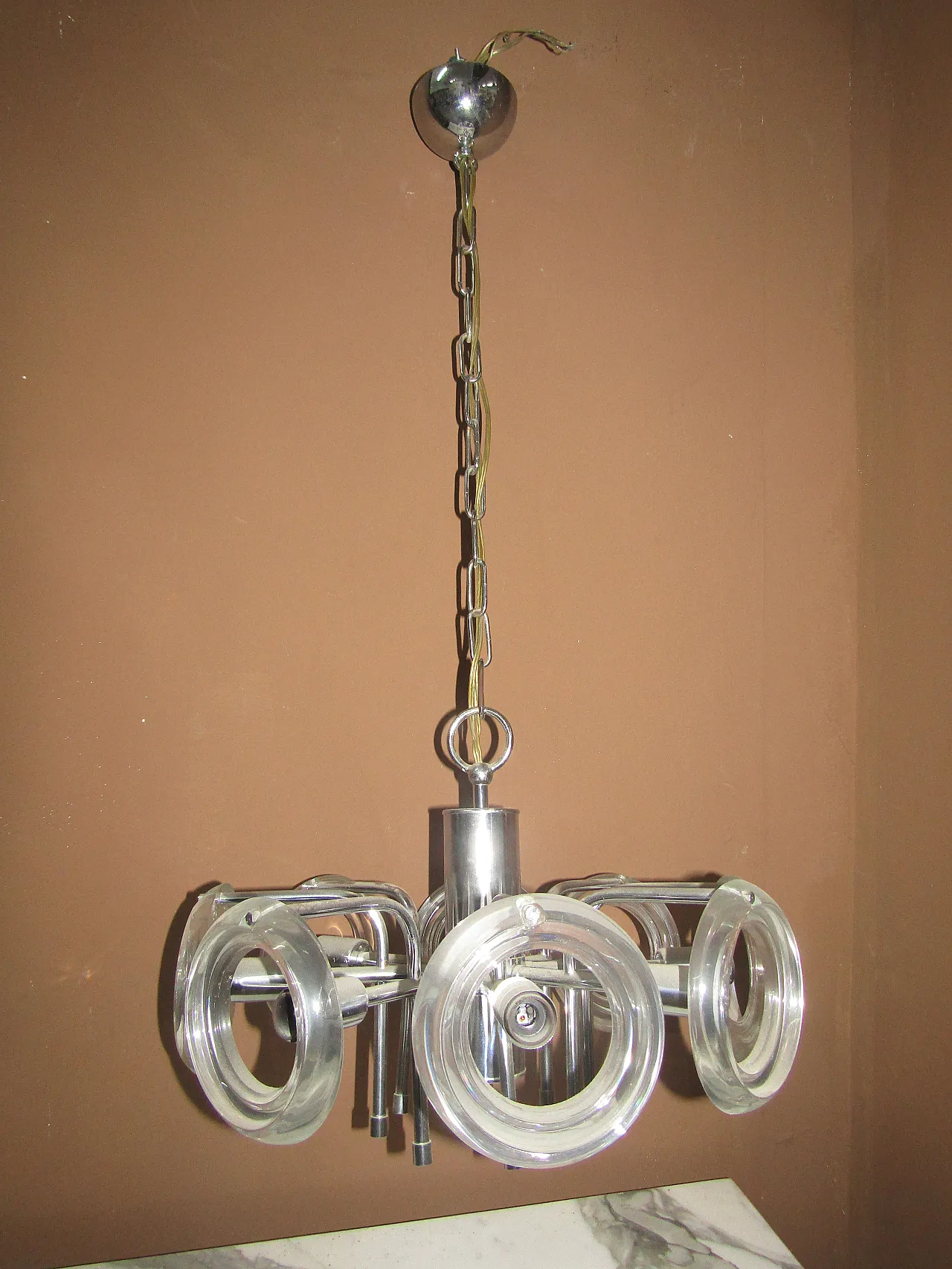 Steel chandelier and crystal discs, 70s 1
