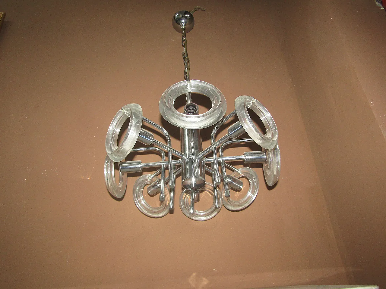 Steel chandelier and crystal discs, 70s 4