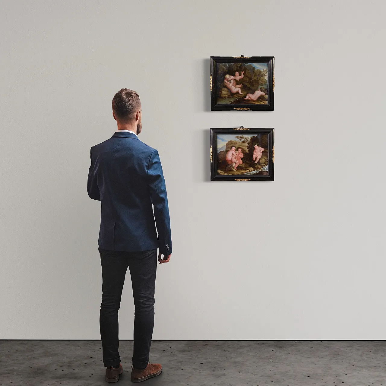 Coppia di dipinti su vetro baccanale di putti, '600 2