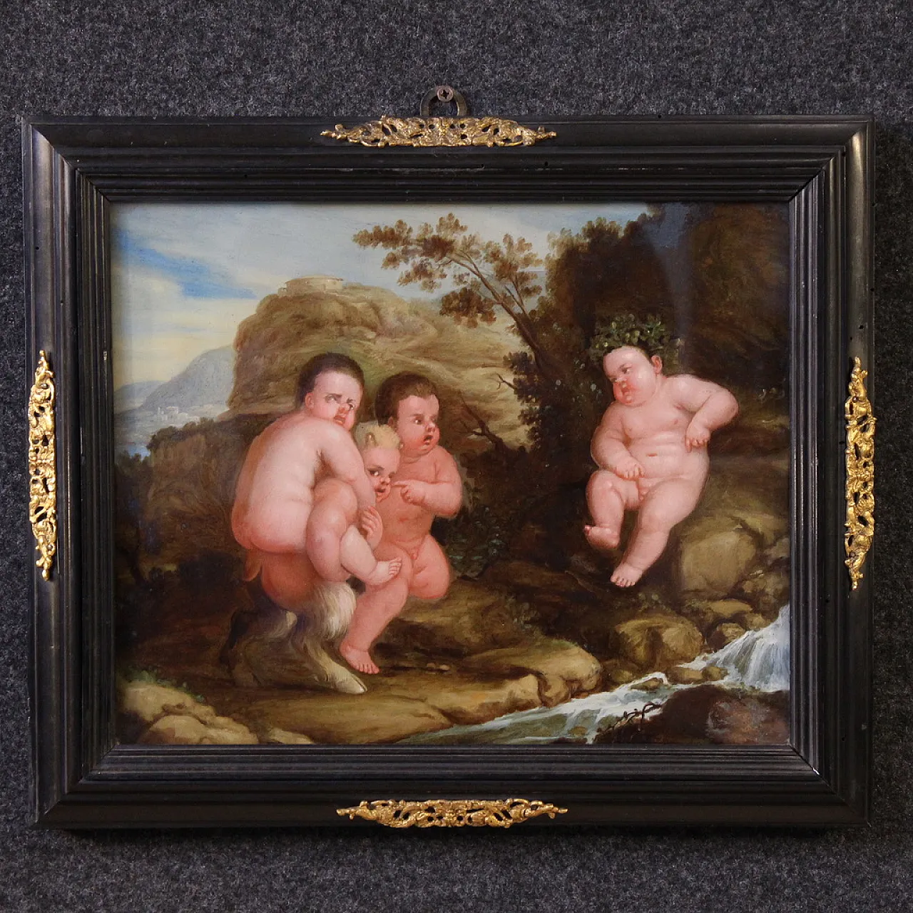 Coppia di dipinti su vetro baccanale di putti, '600 3