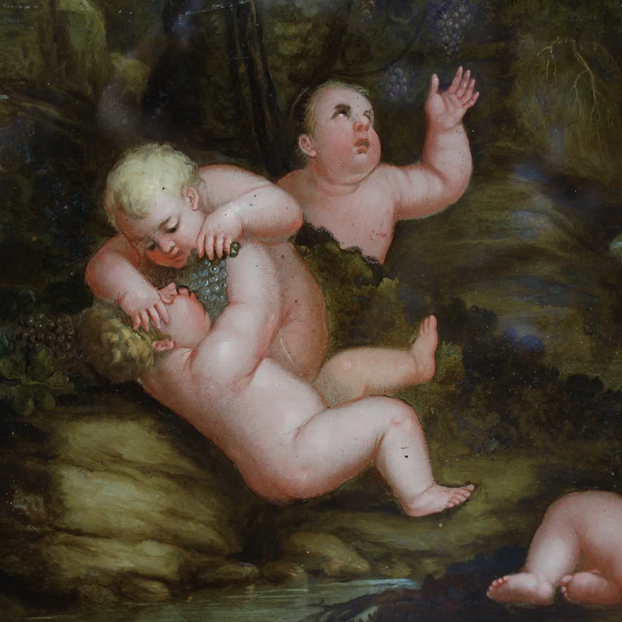 Coppia di dipinti su vetro baccanale di putti, '600 7