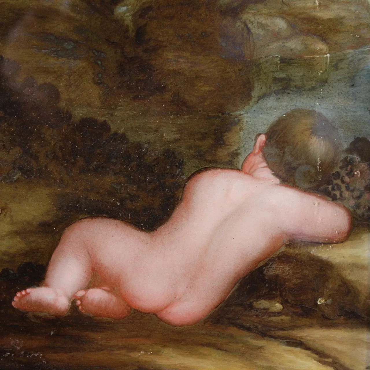 Coppia di dipinti su vetro baccanale di putti, '600 8