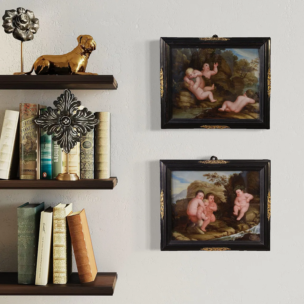 Coppia di dipinti su vetro baccanale di putti, '600 9