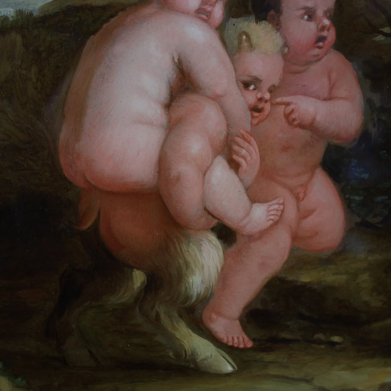 Coppia di dipinti su vetro baccanale di putti, '600 12