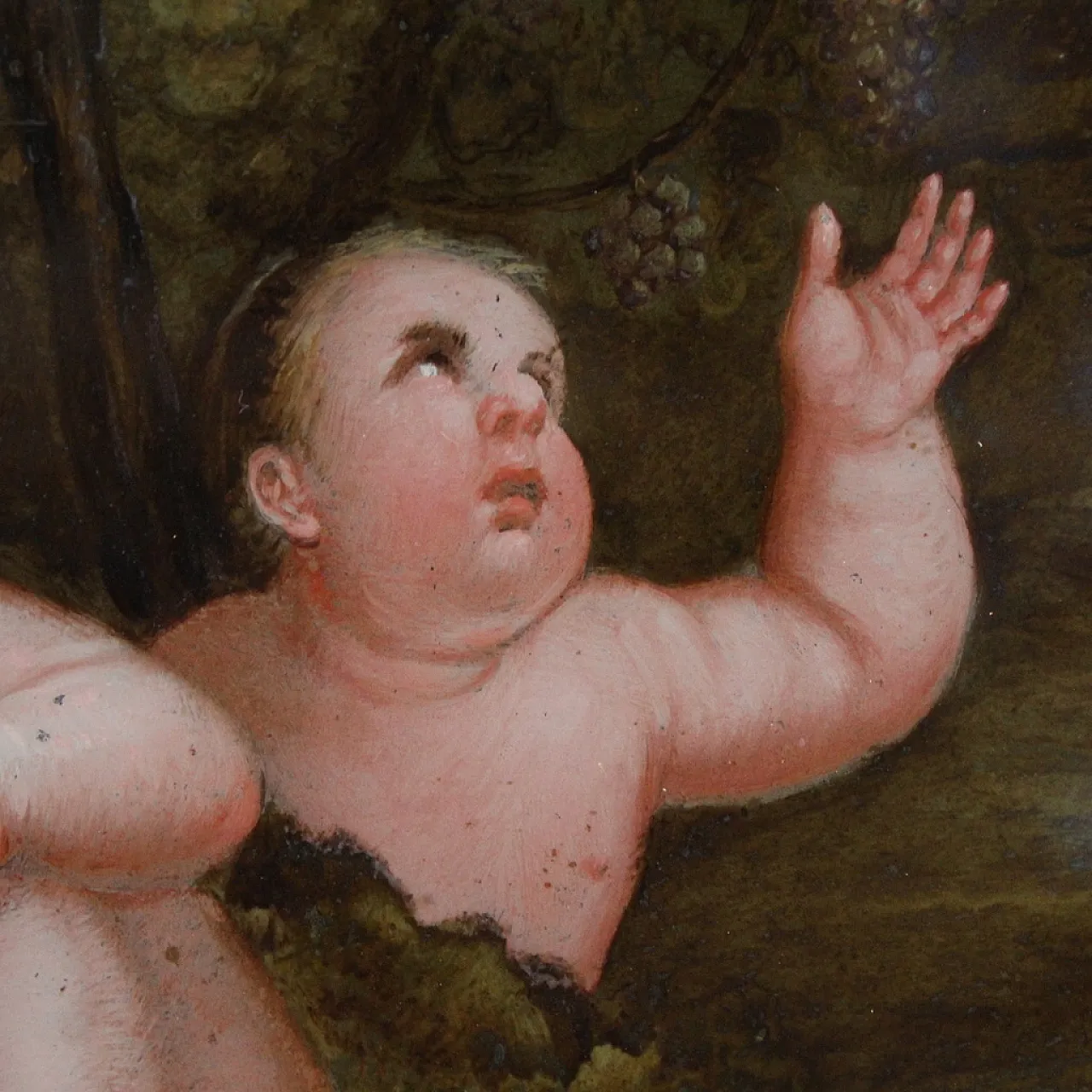 Coppia di dipinti su vetro baccanale di putti, '600 14