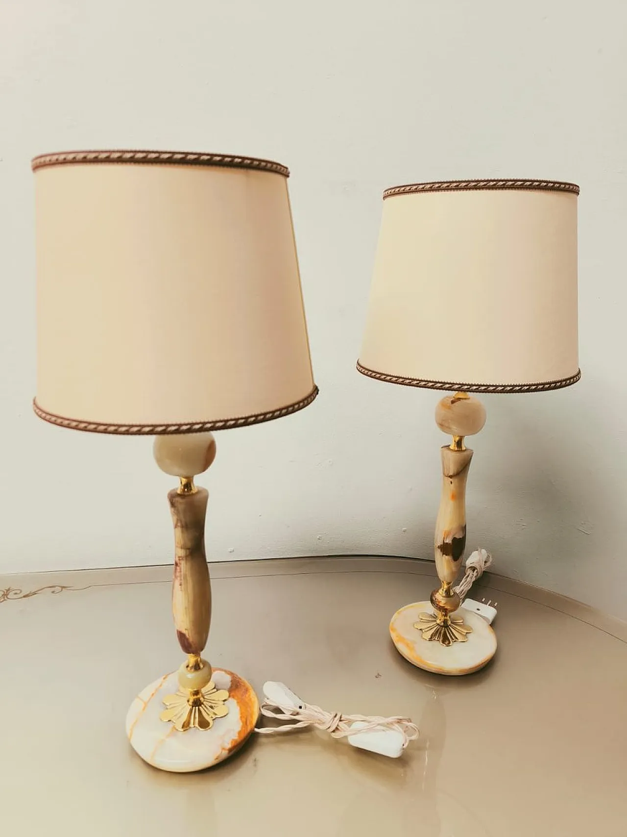 Lampada in onice con paralume e ottone, anni '50 1