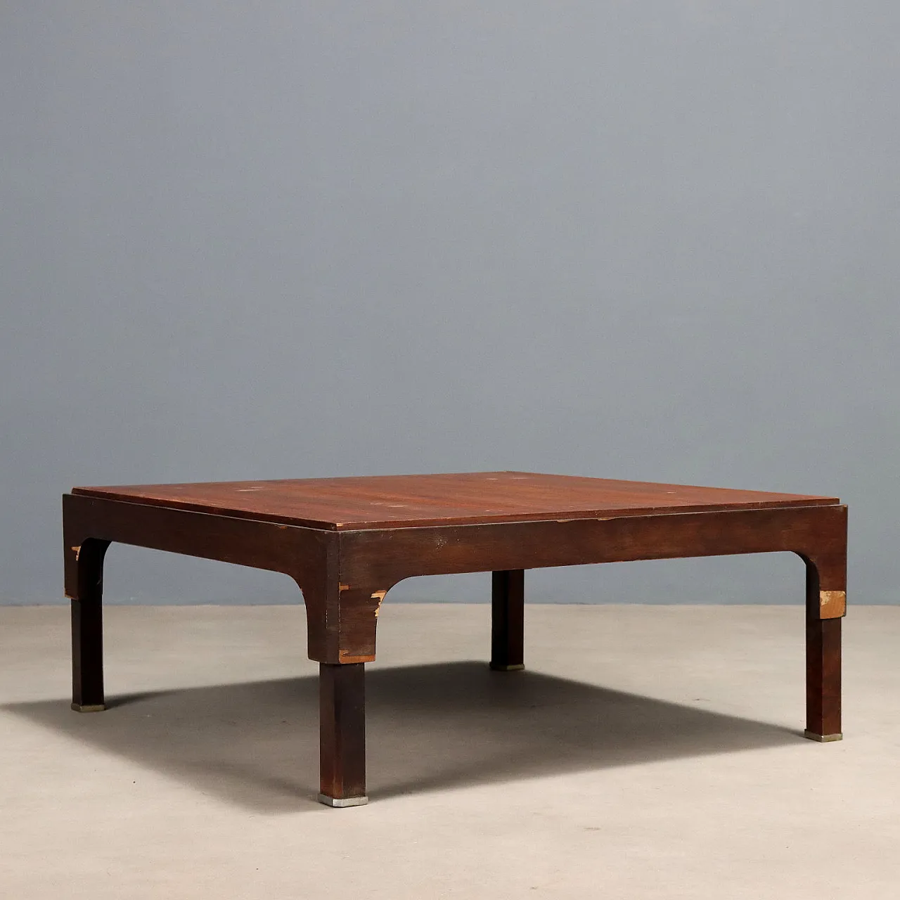 Tavolino con impiallacciatura di legno esotico e metallo, '900 7