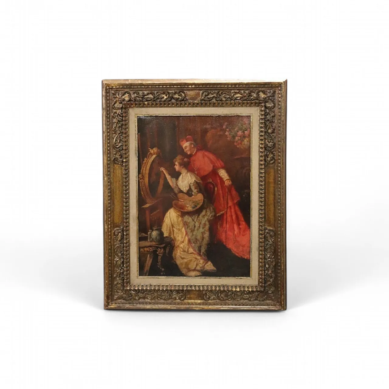 Olio su cartone, Giovane pittrice con cardinale, '800 18