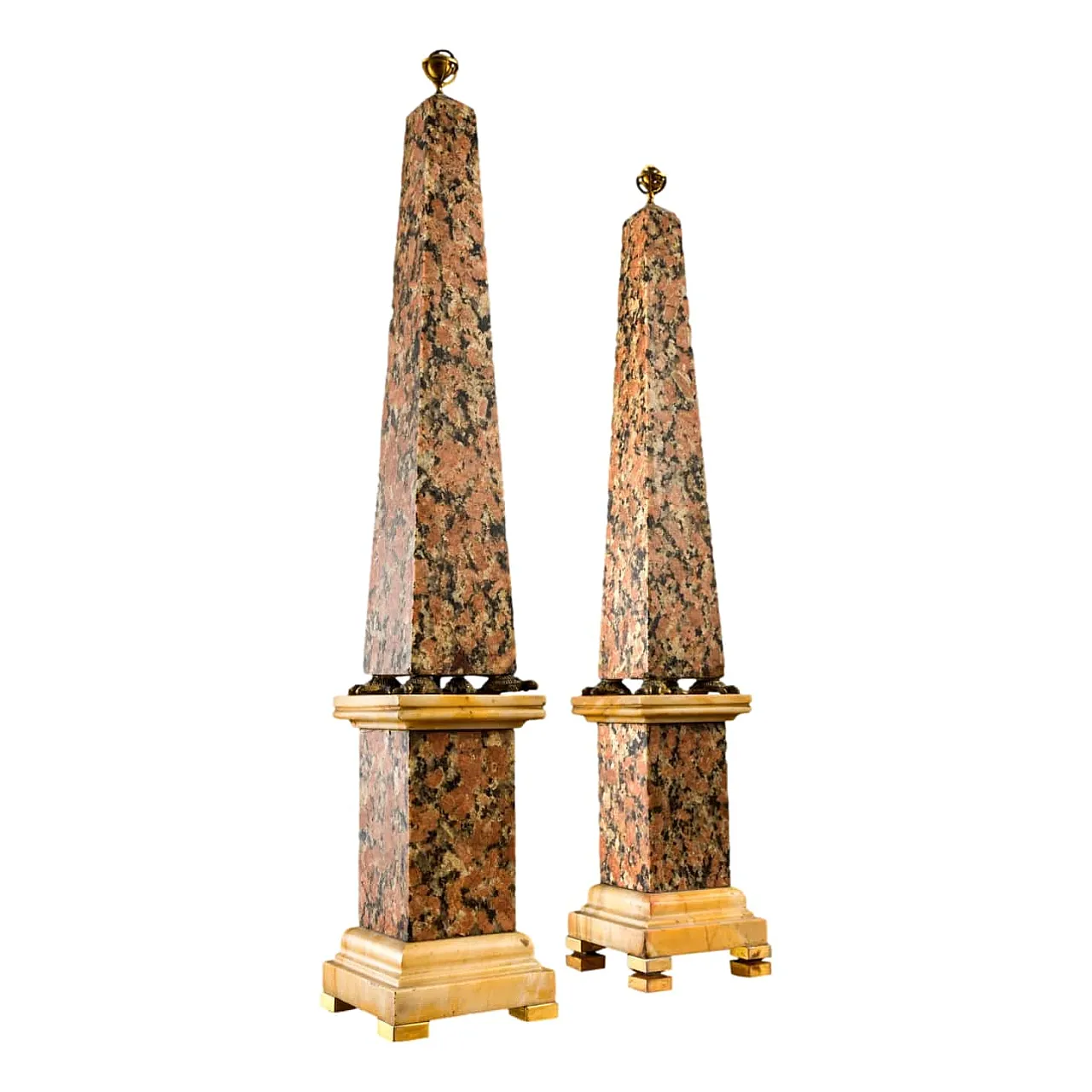 Pair of red granite and giallo di Siena marble obelisks, 19th century 1