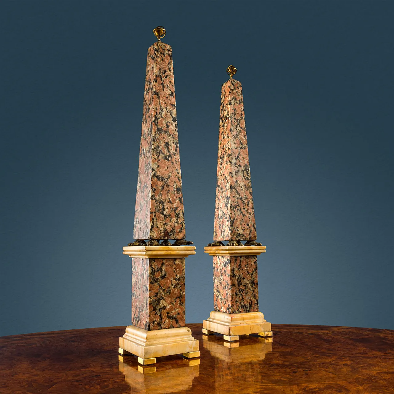 Pair of red granite and giallo di Siena marble obelisks, 19th century 2
