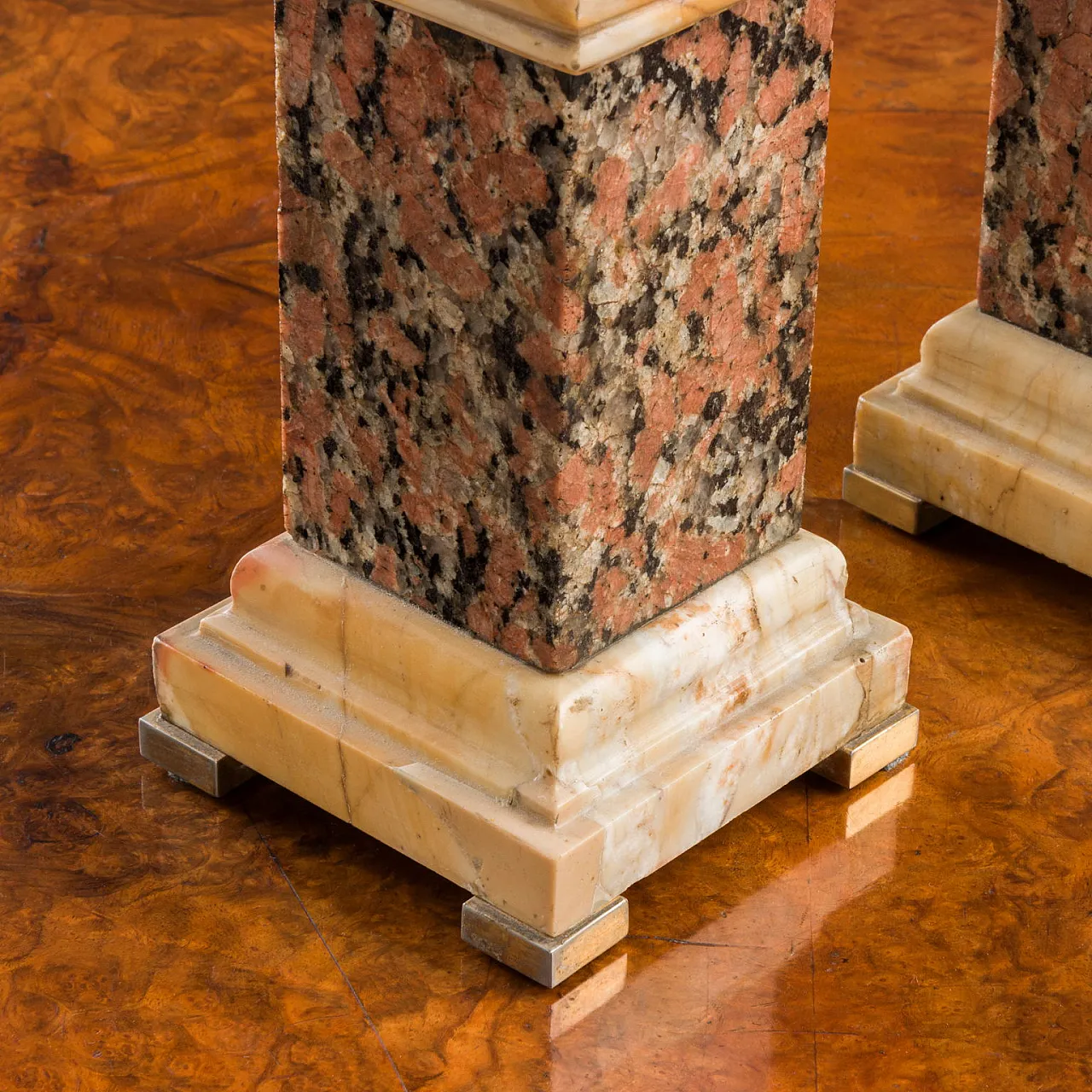 Pair of red granite and giallo di Siena marble obelisks, 19th century 6