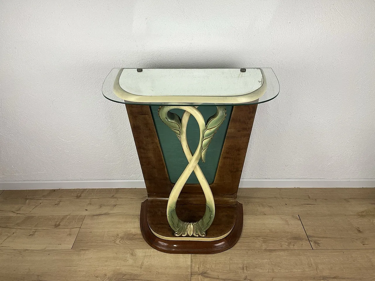 Leaf glass wooden console, 1940s 2